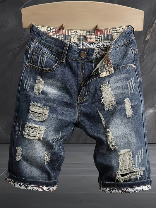 Men's Distressed Denim Shorts, Knee Length Jorts With Ripped Design & Patterned Hem