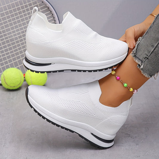 Women's Breathable Solid Color Slip-On Fashion Sneakers with Thick Sole and Hidden Wedge - All-Season Low Top Casual Sport Shoes, Fabric Upper/Inner, TPR Sole, EVA Insole