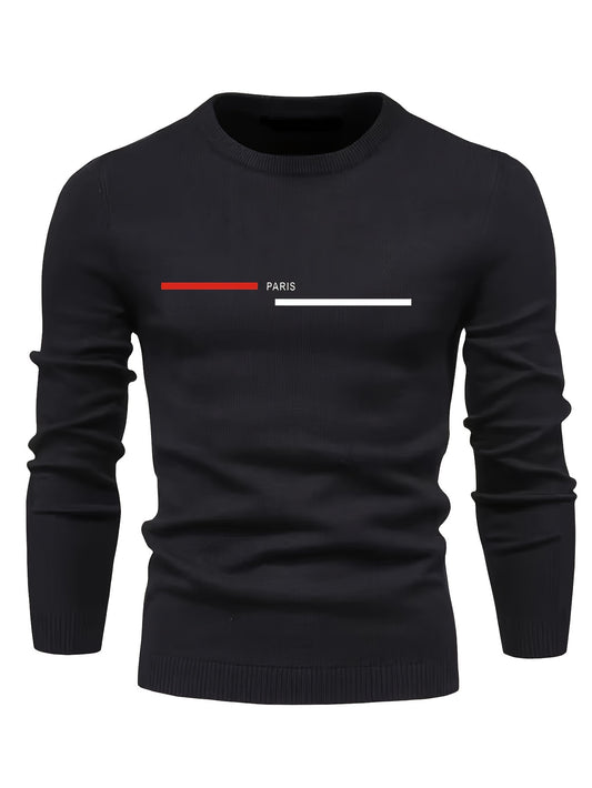 PARIS Print Men's Casual Stretch Long Sleeve Knitted Round Neck Sweater, Spring Fall Pullover Top