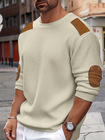 Casual Color Block Men's Long Sleeve Knitted Round Neck T-shirt With Elbow Design, Spring Fall Outdoor