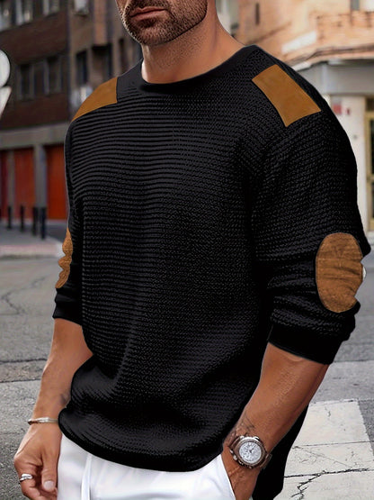 Casual Color Block Men's Long Sleeve Knitted Round Neck T-shirt With Elbow Design, Spring Fall Outdoor