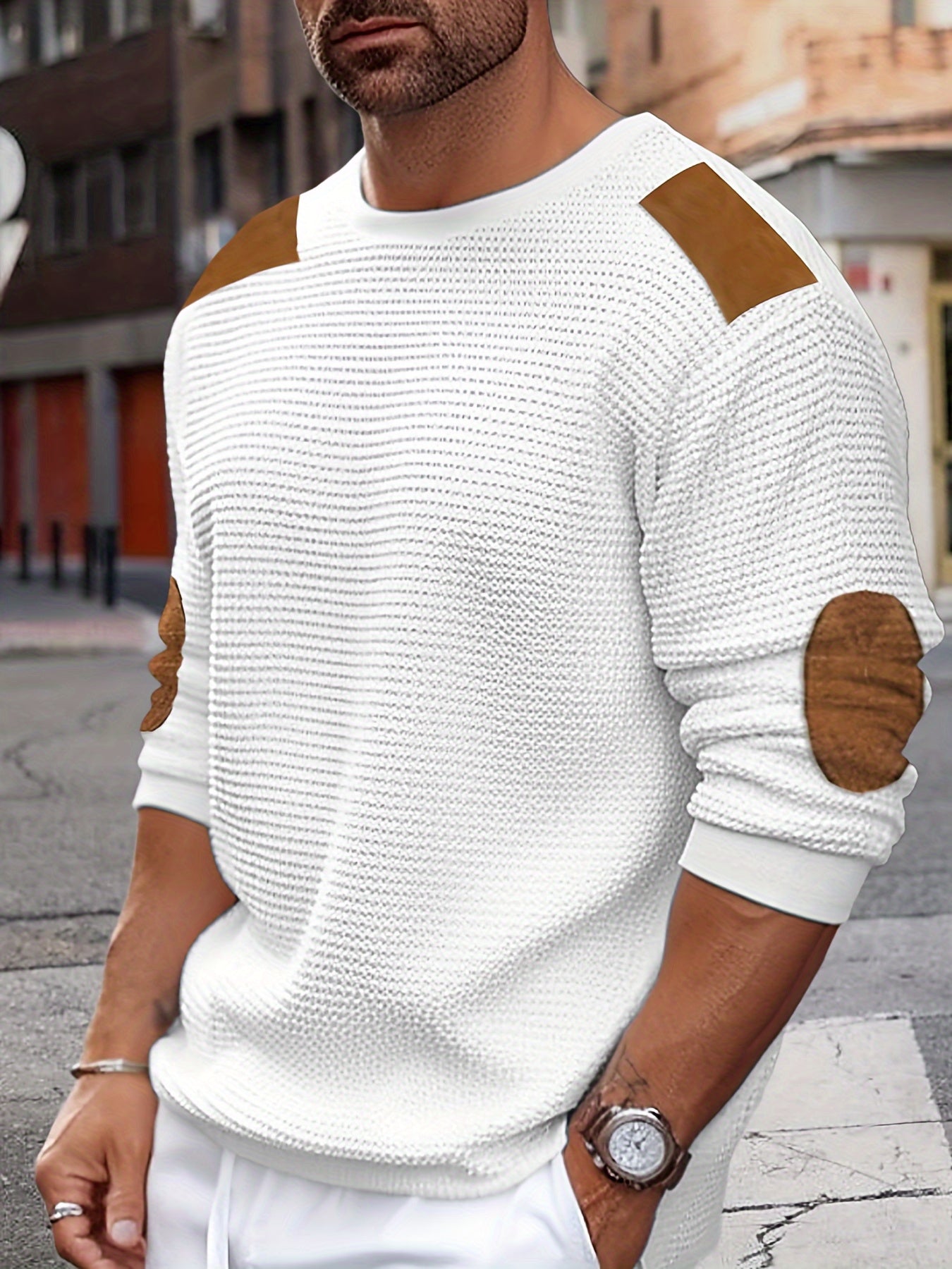 Casual Color Block Men's Long Sleeve Knitted Round Neck T-shirt With Elbow Design, Spring Fall Outdoor