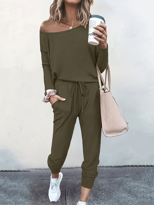 Casual Solid Two-piece Set, Slant Shoulder Loose Long Sleeve Top & Drawstring Jogger Pants, Women's Clothing