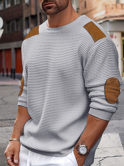 Casual Color Block Men's Long Sleeve Knitted Round Neck T-shirt With Elbow Design, Spring Fall Outdoor