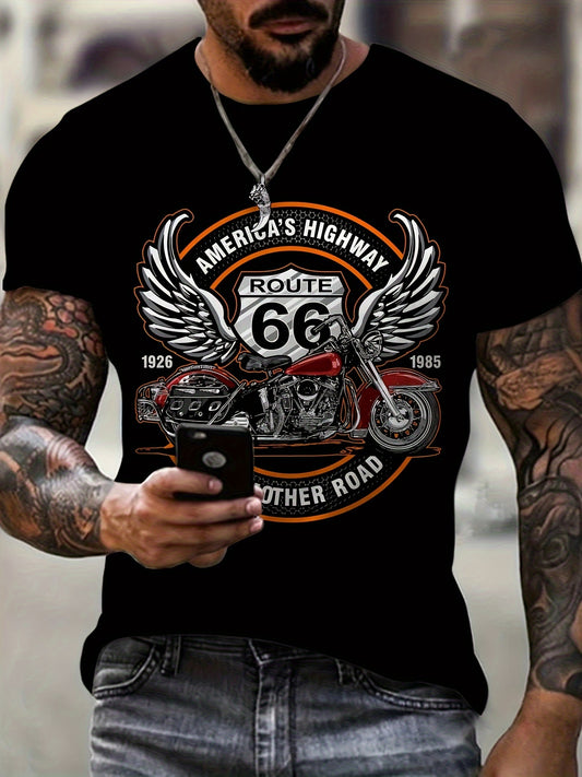 3D Route 66 Motorcycle Print Men's Trendy Color Block Short Sleeve Crew Neck T-shirt, Summer Outdoor