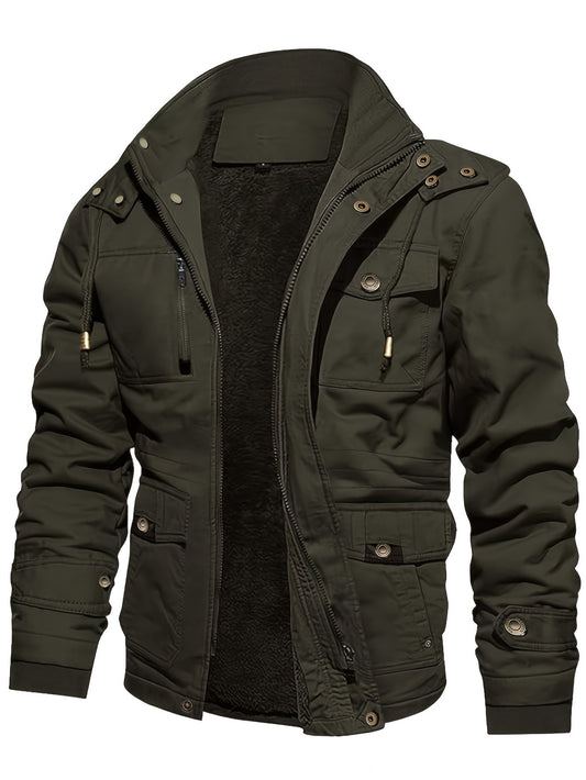 Men's Casual Warm Fleece Lined Cargo Jacket, Chic Multi Pocket Jacket For Fall Winter