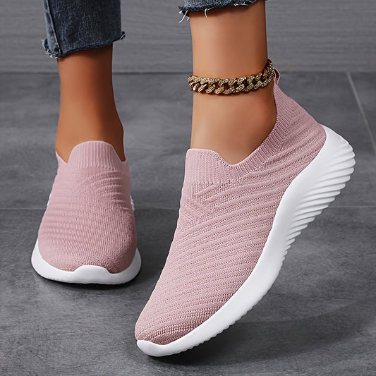 Women's Solid Color Knitted Sneakers, Slip On Lightweight Soft Sole Walking Shoes, Breathable Low-top Sock Shoes