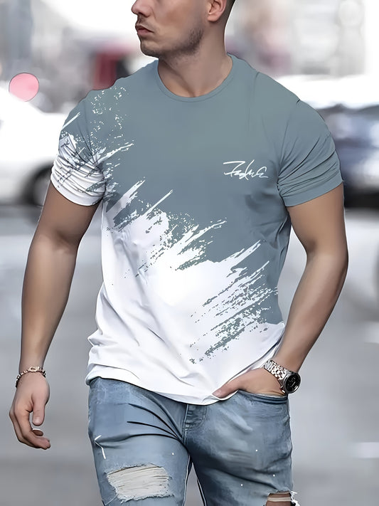 Men's Flourish Letter And Contrast Color Paint Mark Print Short Sleeve Crew Neck T-shirt, Fashion Tops For Summer Street And Daily Wear