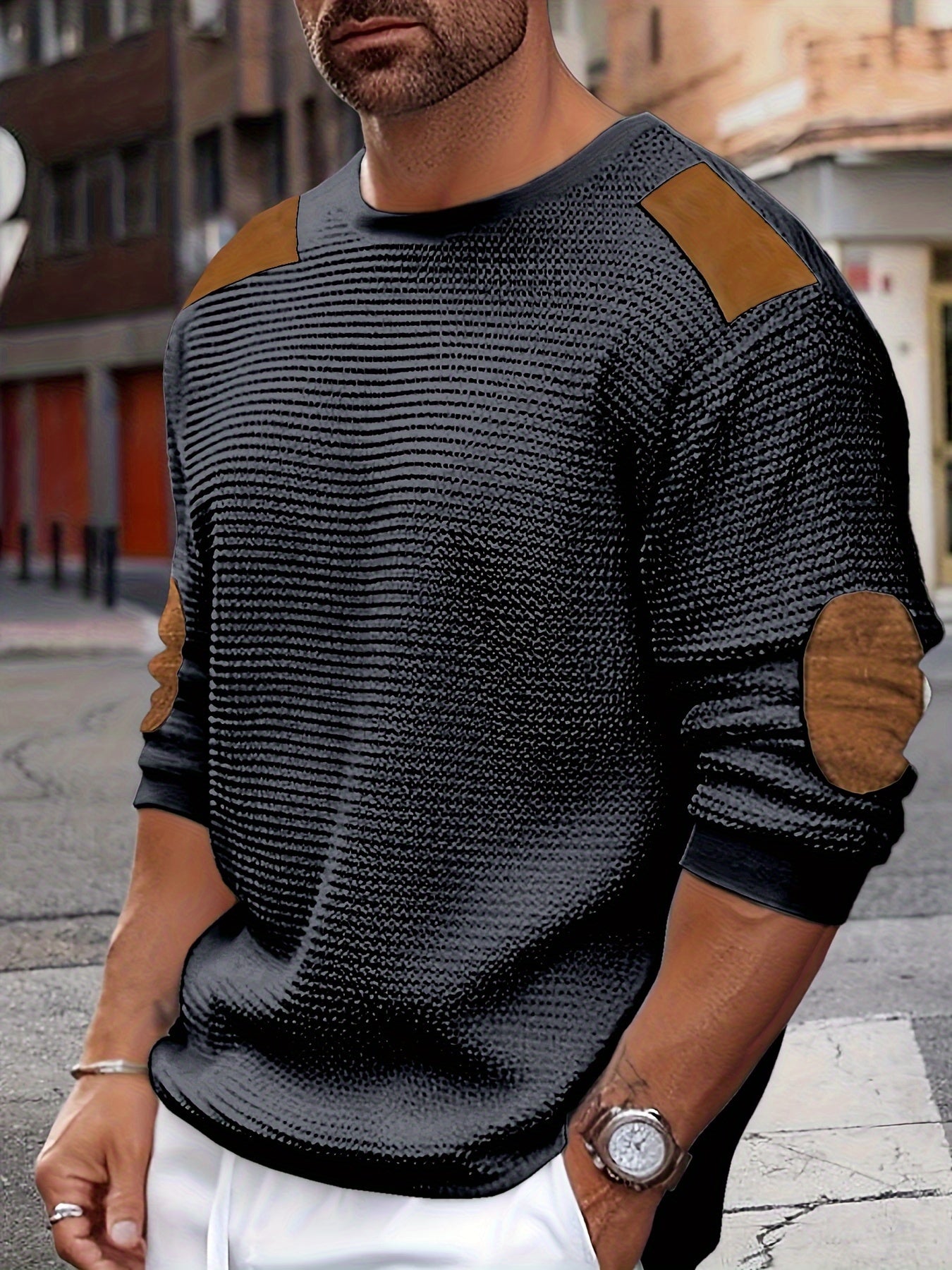 Casual Color Block Men's Long Sleeve Knitted Round Neck T-shirt With Elbow Design, Spring Fall Outdoor