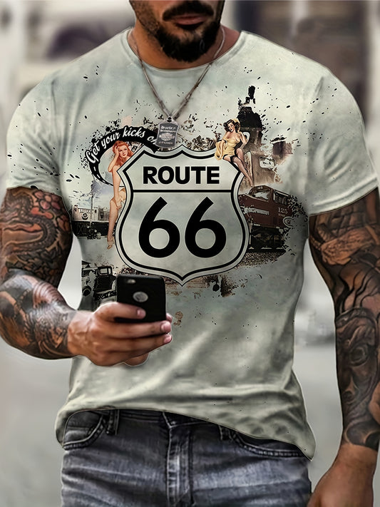 Vintage Route 66 Print, Men's Graphic Design Crew Neck T-shirt, Casual Comfy Tees Tshirts For Summer, Men's Clothing Tops For Daily Vacation Resorts