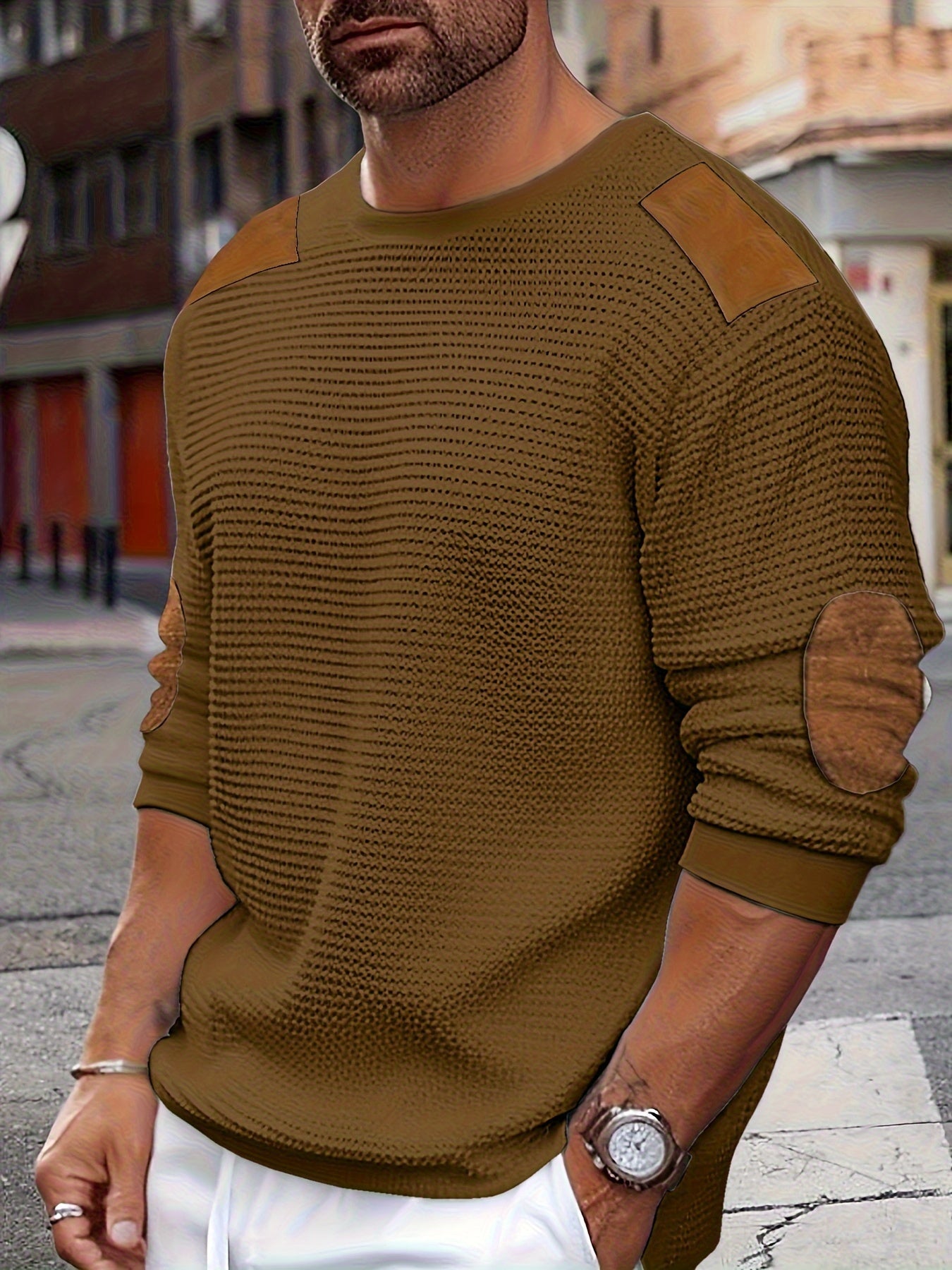 Casual Color Block Men's Long Sleeve Knitted Round Neck T-shirt With Elbow Design, Spring Fall Outdoor