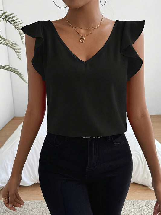 Flutter Sleeve V Neck Blouse, Elegant Solid Color Top For Summer & Spring, Women's Clothing