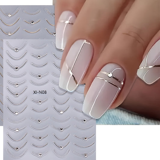 Elegant 2pcs Golden & Silvery Geometric Nail Art Stickers With Sparkling 3D Crystals - Self-Adhesive French Tip Decals For DIY Manicures, Perfect For Women And Girls