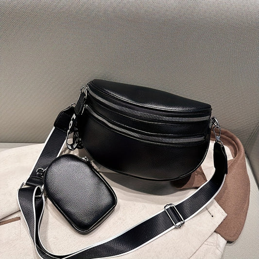 Double Zipper Waist Bag, Trendy Wide Strap Fanny Pack, PU Leather Crossbody Chest Bag With Small Coin Purse