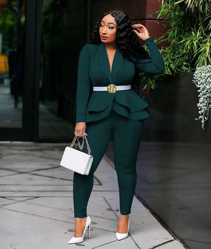 New Women Winter Women's Set Tracksuit Full Sleeve Ruffles Blazers Pencil Pants Suit Two Piece Set Office Lady Outfits Uniform