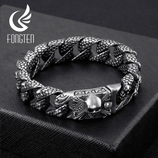 Fongten Gothic Mens Bracelets Stainless Steel Skull Franco Curb Chain Bracelet For Men Multiple Color Skeleton Armband Jewelry