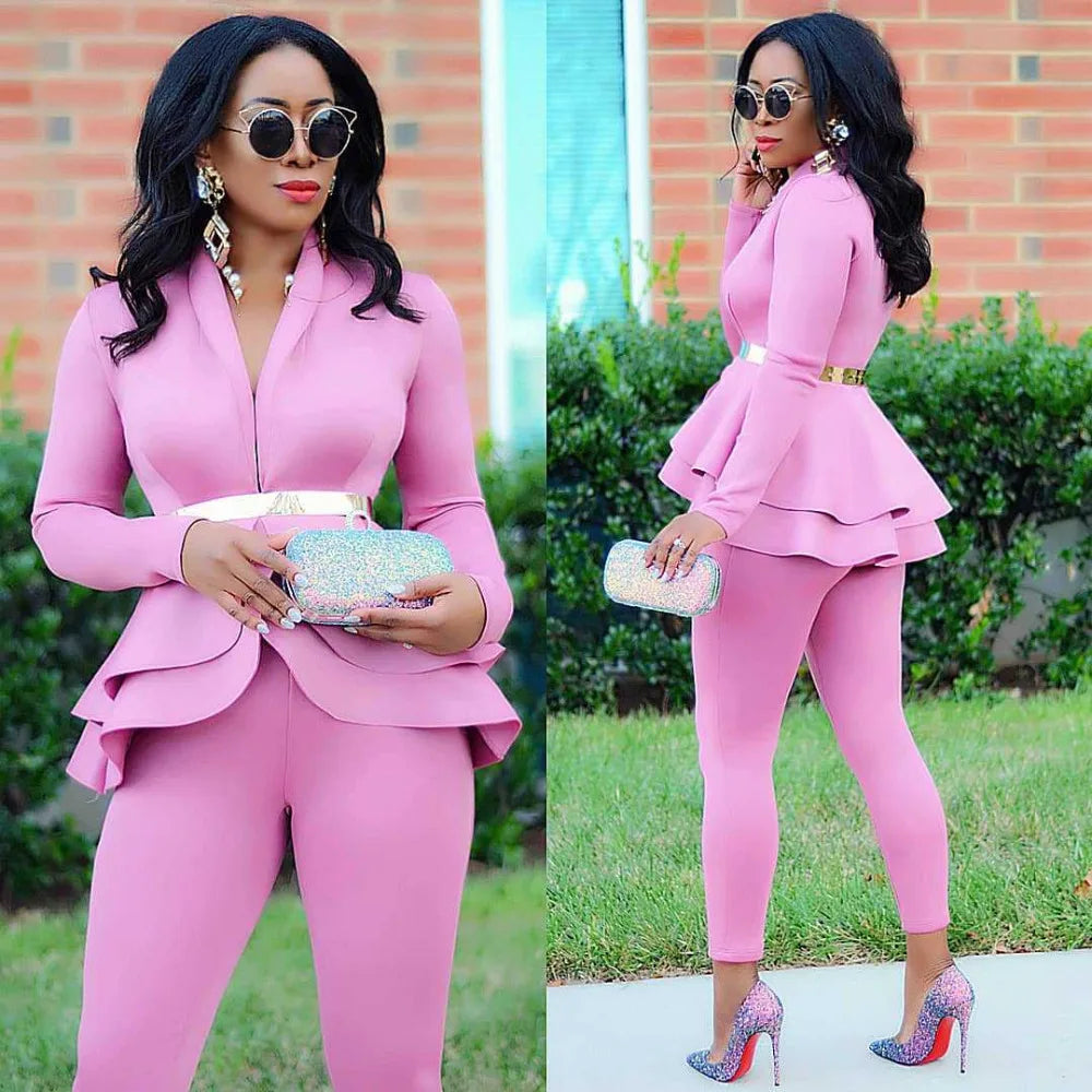 New Women Winter Women's Set Tracksuit Full Sleeve Ruffles Blazers Pencil Pants Suit Two Piece Set Office Lady Outfits Uniform