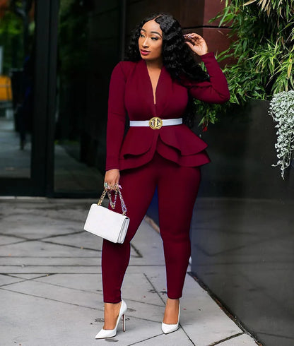 New Women Winter Women's Set Tracksuit Full Sleeve Ruffles Blazers Pencil Pants Suit Two Piece Set Office Lady Outfits Uniform