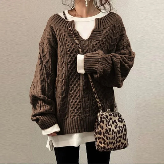 Casual Twists Knitted Sweater Pullover Autumn and Winter Women's Tops 2023 New V-Neck Solid Full Sleeve Sweaters for Female