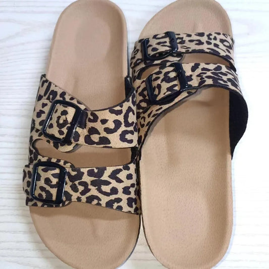 Women's Leopard Print Slippers Cork Slippers Women's Summer Non-slip Outdoor Flat Bottom Beach Sandals Woman Flat Slippers