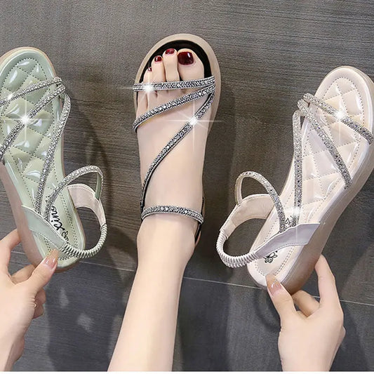 Flat-heeled Sandal Woman Rhinestone Sandals for Women Summer New 2024 Without Heel Elegant Roman Orthopedic Fashion Comfortable