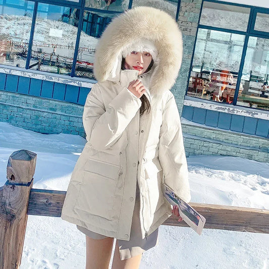 Korean Version of Work Clothes Hooded White Duck Down Jacket for Women's Thickened Clothing Casual Loose Winter F167