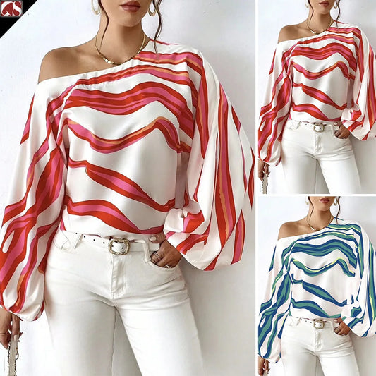 Printed Loose Women's Shirt Women One Shoulder Long Stripesd  Blouse Top White Blouse Blusen Damen 2024 Sommer Chemisier Femmes