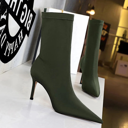 Women 7.5cm 10cm High Heels Winter Thermal Boots Green Low Heels Stretch Silk Ankle Boots Lady Warm Pointed Toe Sexy Party Shoes