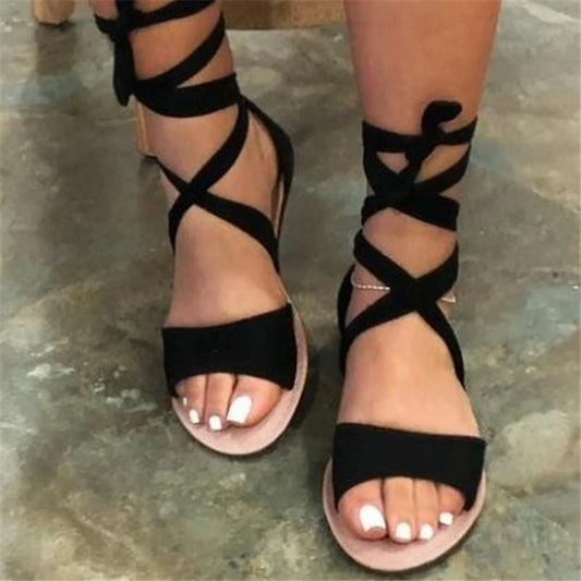 Leisure Roman Style Women's Flock Sandals 2023 Summer Fashion Ankle Cross Strap Flat Beach Open Toe Dress Daily Comfy Sandals