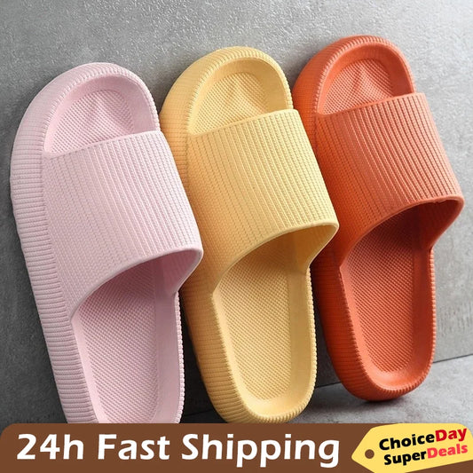 Women Bathroom Slippers Cloud Cushion Slides Summer Flat Sandals Thick Platform Shoes Man Indoor Non-Slip Flip Flops Couple Shoe