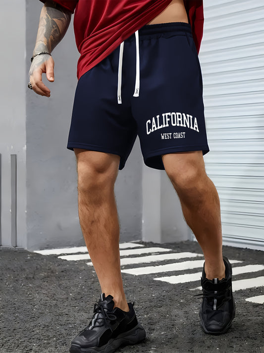 Men's Letter Print CALIFORNIA WEST COAST" Sports Shorts With Drawstring And Pockets, Casual And Chic Shorts Suitable For Summer Outdoors And Sports Wear