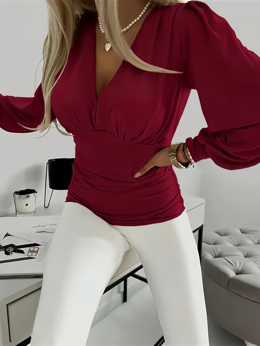 Cinched Waist Plunge Neck Blouse, Casual Solid Color Lantern Sleeve Blouse For Spring & Fall, Women's Clothing