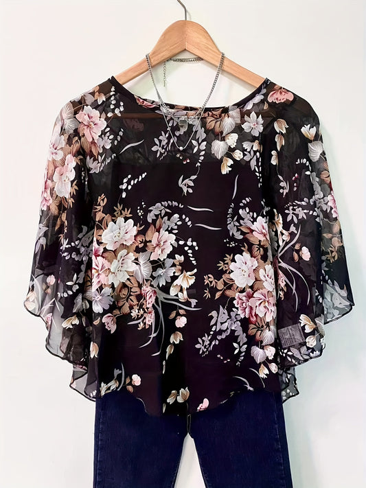 Floral Print Semi-sheer Blouse, Elegant Batwing Sleeve Irregular Hem Top For Spring & Summer, Women's Clothing