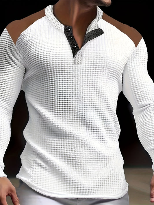 Men's Autumn And Winter Waffle Knit Long Sleeve Henley Shirt With Patchwork Shoulder Pieces, Chic And Casual Tops For Outdoors Leisurewear