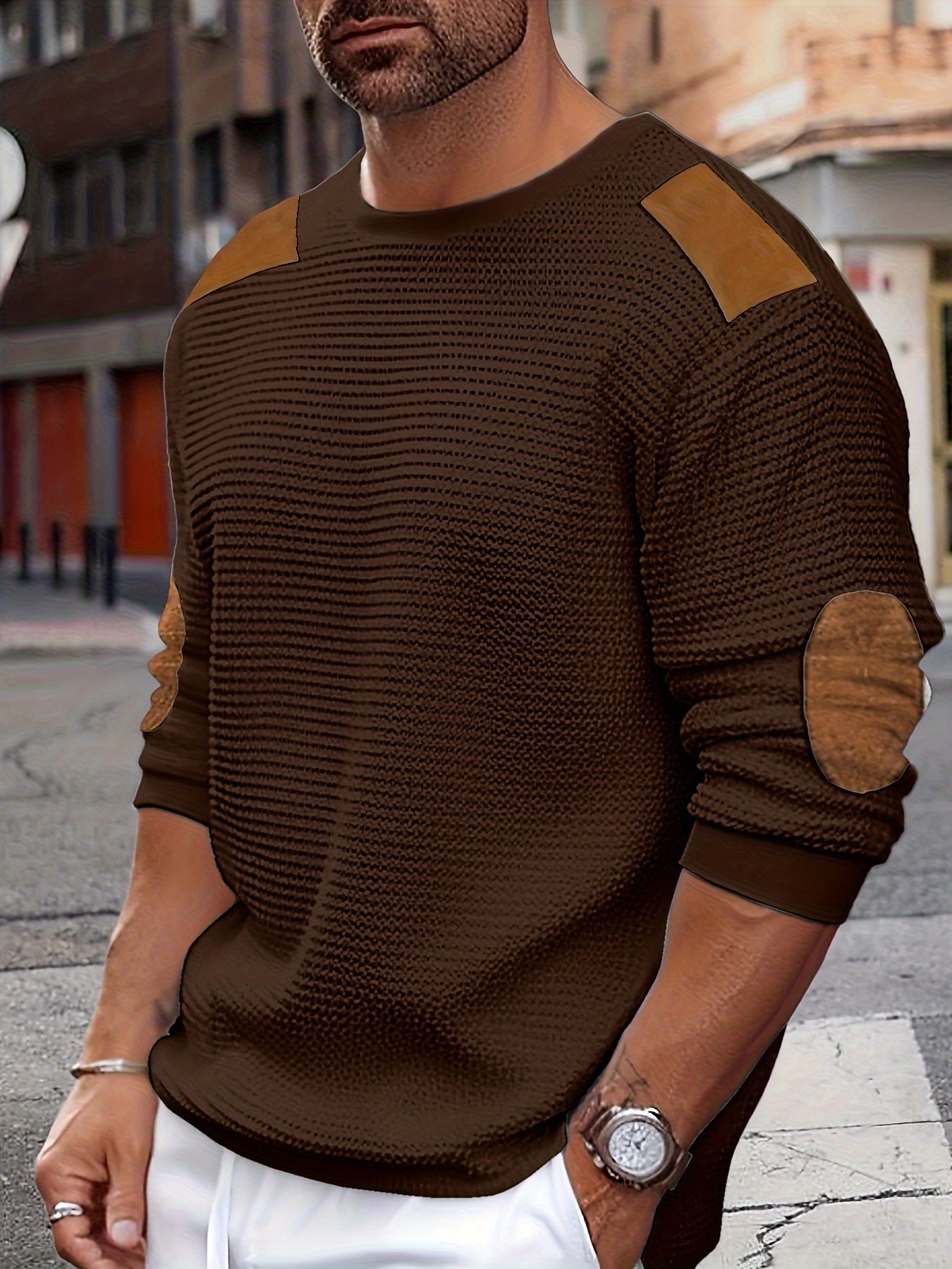 Casual Color Block Men's Long Sleeve Knitted Round Neck T-shirt With Elbow Design, Spring Fall Outdoor